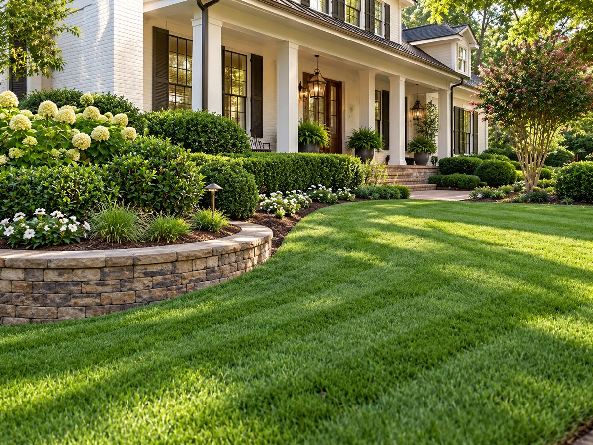 Front yard with curved stone bed border, hydrangeas, trimmed shrubs and a striped lawn
